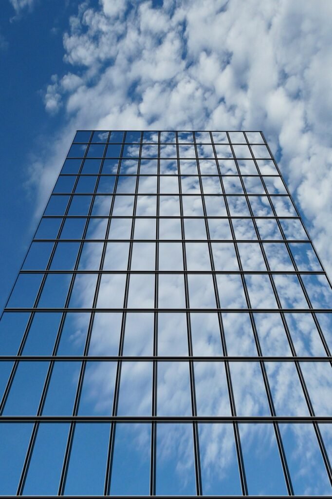 skyscraper, clouds, nature, reflect, mirrors, window, replacement mirrors, cloud computing, cloud, data store, network capacity, network, services, data, disk space
